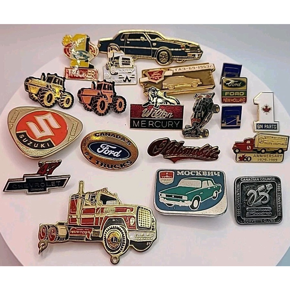 Lot Of 20 Vintage Vehicle Pins GM Oldsmobile Ford Chevrolet Corvette Trucker Etc